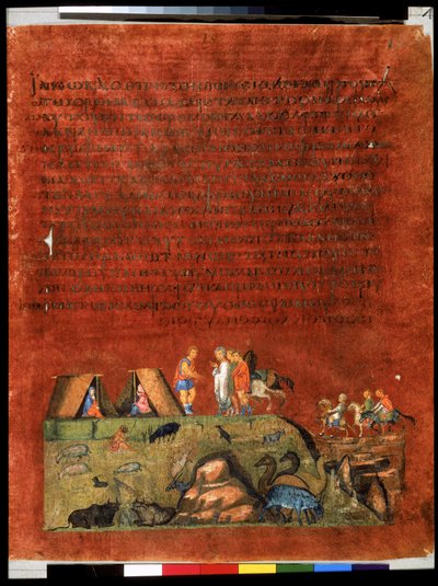 Página completa: texto y miniatura: Labán negociando con Jacob (miniatura) de Syrian School