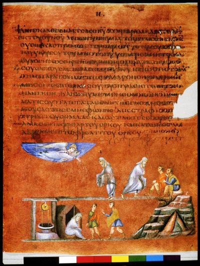 Página completa: texto y miniatura: el ángel que confirma la promesa hecha a Abraham (miniatura sobre pergamino) de Syrian School