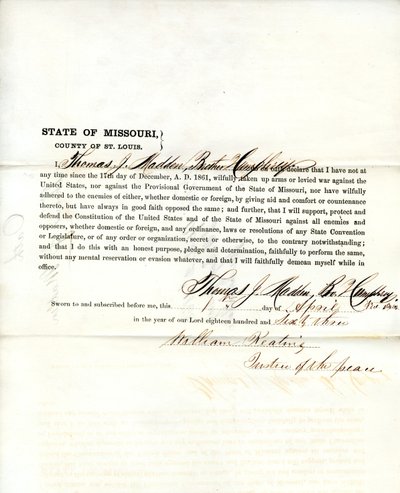 Juramento de lealtad de Thomas J. Madden de Missouri, Condado de St. Louis de T.J. Madden