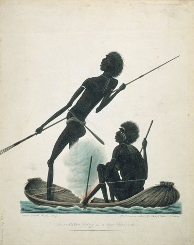 Nativos pescando en una canoa de corteza, 1819 de T.R. Browne