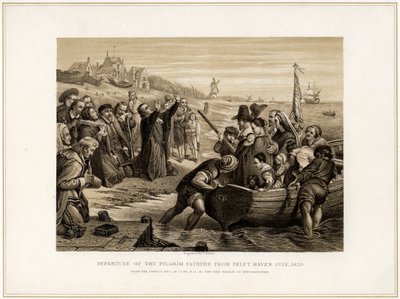 Salida de los Padres Peregrinos de Delft Haven, julio de 1620, siglo XIX de T Bauer