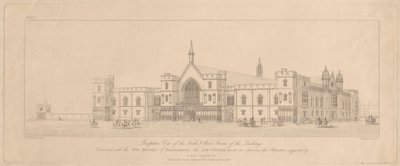 Vista en perspectiva de las fachadas norte y oeste de los edificios relacionados con las dos Cámaras del Parlamento, el Palacio de Justicia de T. Kearnan