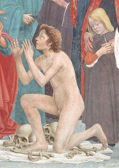Detalle del niño resucitado, de la Resurrección del Hijo de Teófilo y San Pedro entronizado como Primer Obispo de Antioquía, c.1427 y c.1484-85 (detalle) de Tommaso Masaccio