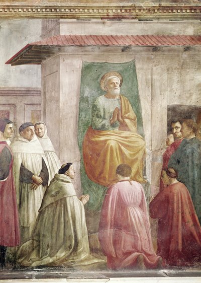 San Pedro en el trono, de la Resurrección del hijo de Teófilo y San Pedro entronizado como primer obispo de Antioquía, c.1427 y c.1484-85 (detalle) de Tommaso Masaccio