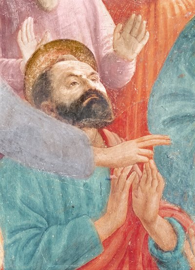 La cabeza de San Pablo, de la Resurrección del Hijo de Teófilo, y San Pedro entronizado como Primer Obispo de Antioquía, c.1427 y c.1484-85 (detalle) de Tommaso Masaccio