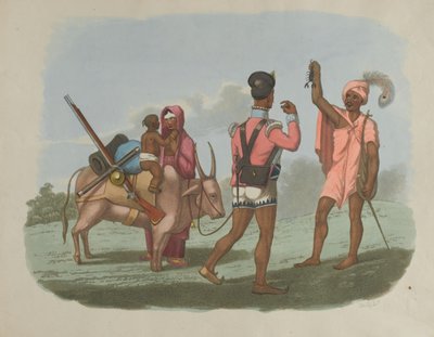Un sepoy bengalí y su familia encontrándose con uno de la casta Byraggee, circa 1799 de T. Medland
