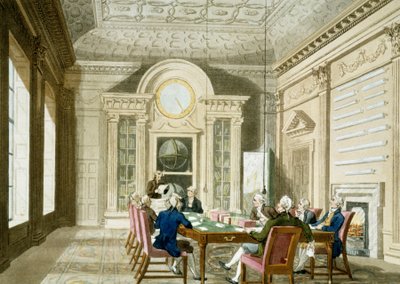 Sala de administración del almirante británico. Grabado coloreado publicado el 1 de enero de T. & Pugin A.C. (1762 1832) (after) Rowlandson