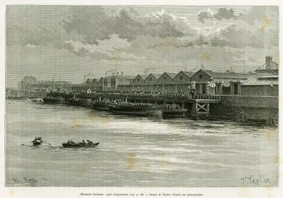 Cervecería Guinness, muelle de exportación. Ilustración de la historia Trois mois en Irlande, en 1889, por Marie Anne de Bovet, en Le tour du monde 1890, dirigido por Edouard Charton (1807-1890), Hachette, París de T Taylor