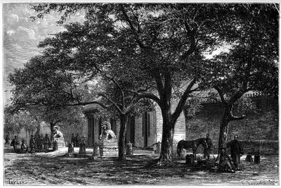 Legación de Francia ingresada en Pekín (Beijing) en el siglo XIX. Grabado de un dibujo de Taylor, de una fotografía del Dr. Morache, en 