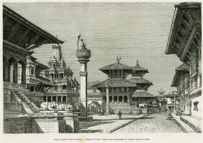 Plaza del Palacio Real de Patan (actual Lalitpur). Grabado por Taylor para ilustrar la historia Voyage au Nepal, por el Dr. Gustave Le Bon (1841-1931), en le tour du monde 1886, dirigido por Edouard Charton (1807-1890), Hachette, París. de T Taylor