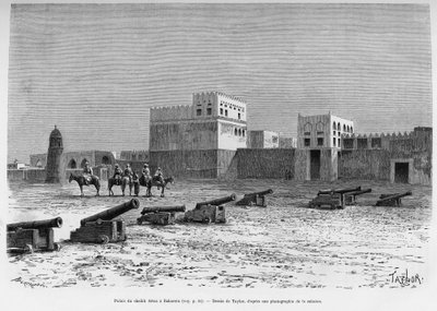 Palacio del jeque Aissa en Bahréin, Chad. Grabado de Taylor para ilustrar la historia A Suse, diario de los excavadores. de T Taylor