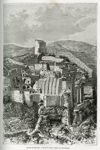 El convento de Mar-Saba (Mar Saba) (Palestina). Grabado de Taylor, para ilustrar la historia de la Siria de hoy, por M. Lortet, decano de la Facultad de Medicina de Lyon, encargado de una misión científica por el Ministerio de Educación Pública, publicado  de T Taylor