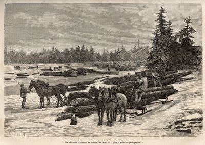 El descenso de las balsas en Ontario, los leñadores descargan los troncos cortados y los instalan en el río helado, luego durante el deshielo, los troncos serán llevados por la corriente al lugar donde serán descargados y transformados, grabado según un di de T Taylor