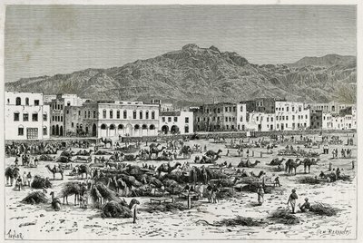 La marcha de Adén (Yemen). Grabado de Taylor, para ilustrar la historia "Viaje a Benadir, Somalíes y Bayoun" en 1882-1883, por M.G. Revoil. Publicado en Le Tour du monde, nuevo diario de viajes. de T Taylor