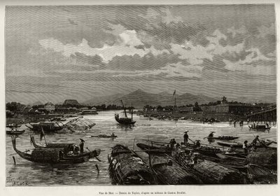 Vista de Hue (Vietnam), con descripción de la navegación en el río Song Huong y la Pagoda Thien Mu. Grabado por Taylor, para ilustrar la historia “Treinta meses en Tonkín” de Dr. Charles Edouard Hocquard (1885) de T Taylor