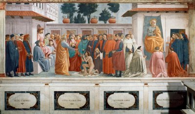La resurrección del hijo de Teófilo, el rey de Antioquía, y San Pedro entronizado como primer obispo de Antioquía, c.1427 y c.1480 de T. Masaccio, F. Lippi