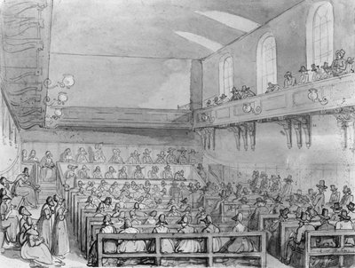 Reunión de cuáqueros en una casa de reuniones en Londres de T. and Pugin A.C. Rowlandson