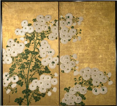 Paneles de biombo decorados con flores. c. 1840 (Pintura de hojas de oro y laca) de Tabukun Hokio