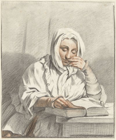 Mujer joven leyendo en una mesa de Taco Scheltema (I)