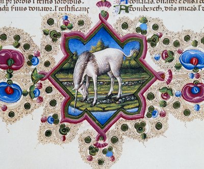 Friso de borde al pie de la página con unicornio, Volumen II f 245, v, Biblia de Borso d