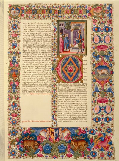 Incipit del segundo Libro de Crónicas, o Paralipómenos II, miniatura de la Biblia Latina de Borso d