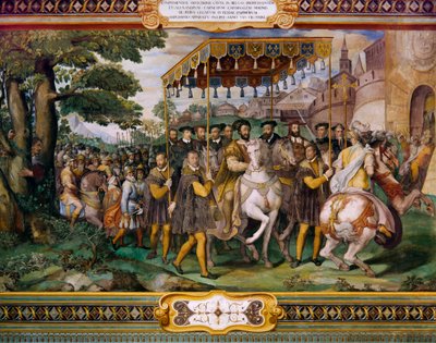 Francisco I recibiendo a Carlos V y al cardenal Alessio Farnese en París, por Taddeo Zuccari, Palazzo Farnese, Caprarola, Italia de Taddeo Zuccari