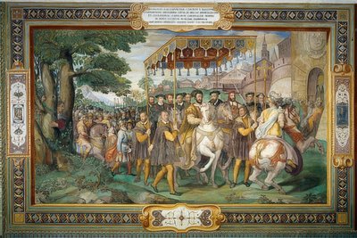 El rey Francisco I recibe a Carlos V y al cardenal Alessandro Farnese en París 1540. 1559 de Taddeo Zuccari
