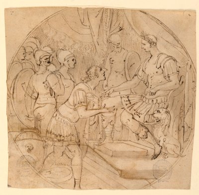 Diseño para un plato o un tondo: Soldados suplicantes ante un general romano de Taddeo Zuccaro