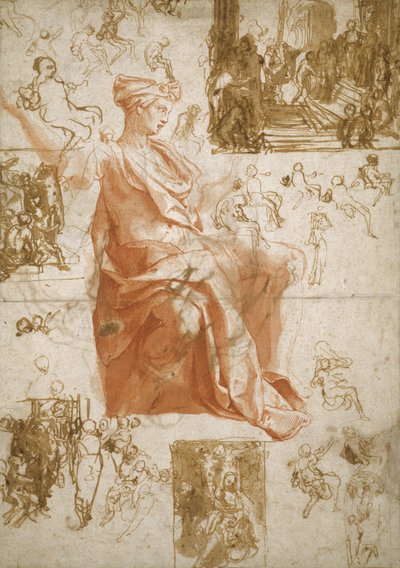 Hoja de Estudios para la Ceguera de Elymas, Sacrificio en Listra, y una Sagrada Familia, c.1558 de Taddeo Zuccaro