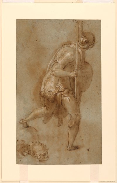 Soldado corriendo: Estudio para figura en primer plano izquierdo, "Traición de Cristo," Roma, S. Maria della Consolazione, Capilla Matttei; Estudios separados de dos cabezas de Taddeo Zuccaro