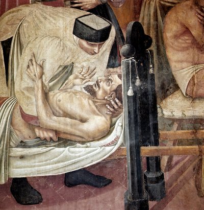 Cuidado de los enfermos en un hospital, una enfermera asiste a un herido acostado en una camilla (detalle) de Taddeo di Bartolo