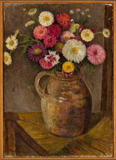 Ásteres y zinnias en una jarra de barro de Tadeusz Makowski