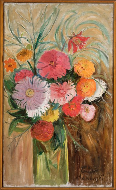 Zinnias y ásteres en un tarro de vidrio de Tadeusz Makowski