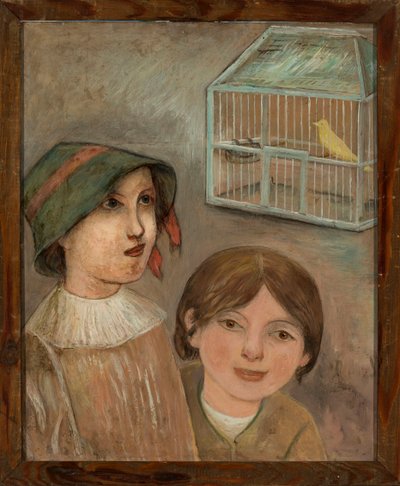 Dos niñas bajo una jaula con un canario de Tadeusz Makowski