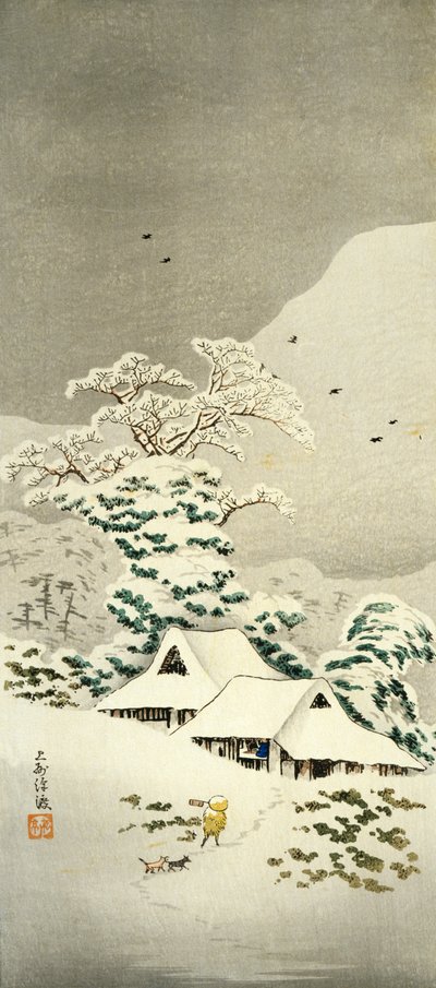 Escena en la nieve en Sawatari en el Distrito de Joshu, circa 1930, xilografía en forma de o-tanzaku, 38,1 x 17,1 cm, Civilización japonesa, período Meiji-Showa de Takahashi Shotei