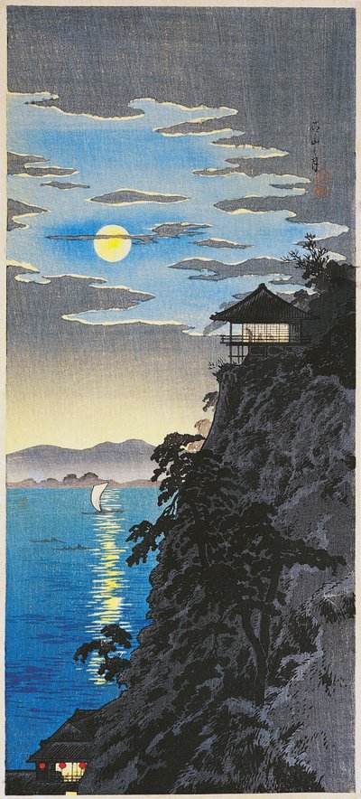 Luna en Ishiyama en el lago Biwa, c.1936 (grabado en madera O-Tanzaku) de Takahashi  Hiroaki