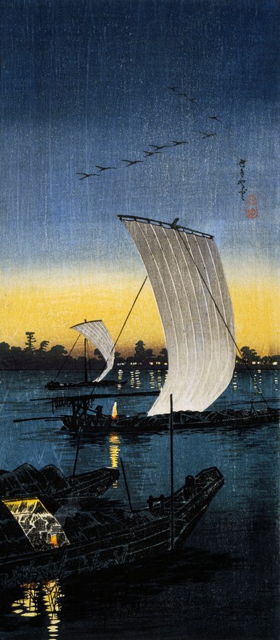 Vista vespertina de Sekiyado, c.1930 (grabado en madera O-tanzaku) de Takahashi  Hiroaki