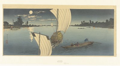 Escena nocturna en el río Edo Edogawa (título sobre objeto) de Takahashi Hiroaki