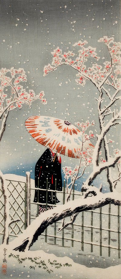 Ciruelo en la nieve de Takahashi Hiroaki