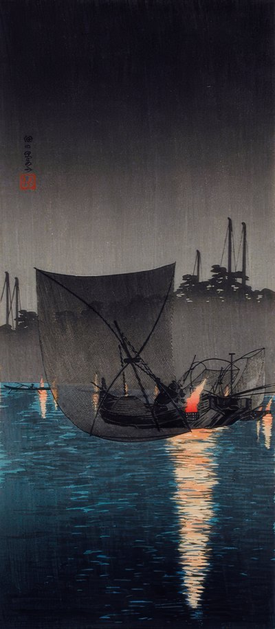 Isla Tsukuda, redes de pesca por la noche de Takahashi Hiroaki
