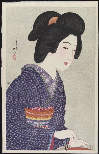 Mujer sentada junto a un brasero, febrero de 1925 de Takahashi Hiroaki