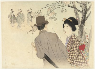 Hombre con bombín y paraguas y señora con kimono de Takeuchi Keishū