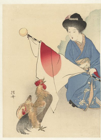 Mujer con bandera japonesa y un gallo de Takeuchi Keishū
