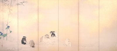 Biombo de glicinas y gloria de la mañana con perros de Takeuchi Seiho
