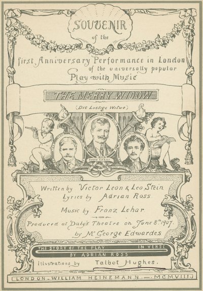 Portada del Souvenir del primer aniversario de la representación en Londres de La viuda alegre de Talbot Hughes