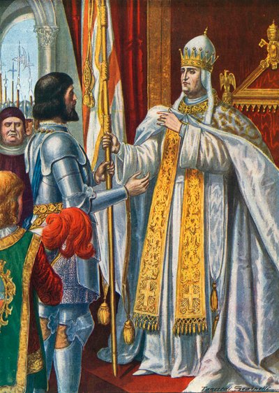 Alberico da Barbiano recibe una bandera del Papa Urbano VI diciendo 