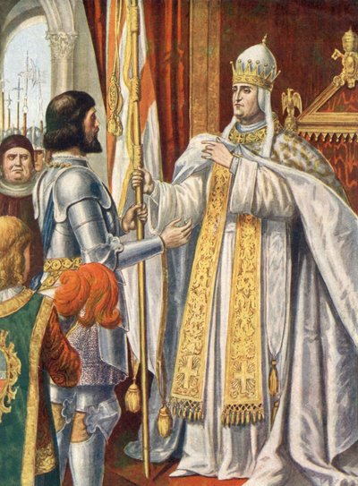 Alberico da Barbiano recibe una bandera del Papa Urbano VI que dice "Italia liberada de los bárbaros". de Tancredi Scarpelli