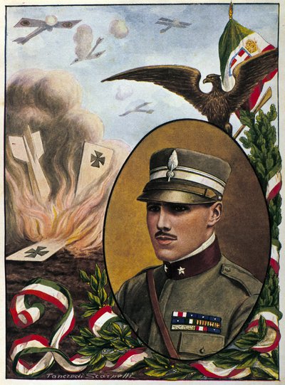 Alegoría sobre el Mayor Francesco Baracca (1888-1918) héroe de la Fuerza Aérea Italiana que murió en batalla en 1918. Dibujo de Tancredi Scarpelli. Milanés de Tancredi Scarpelli