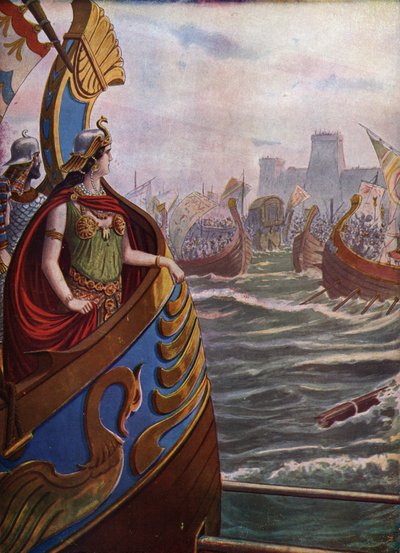 Antigüedad, Guerra Civil Romana: la reina Cleopatre VII Thea Philopator (69-30 a.C.) en la batalla de Actium en el Golfo Ambracico el 2 de septiembre de 31 a.C. contra la flota de Octava (Guerra Final de la República Romana, la reina Cleopatra durante la b de Tancredi Scarpelli