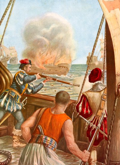 Barco árabe incendiado por la flota portuguesa de Tancredi Scarpelli